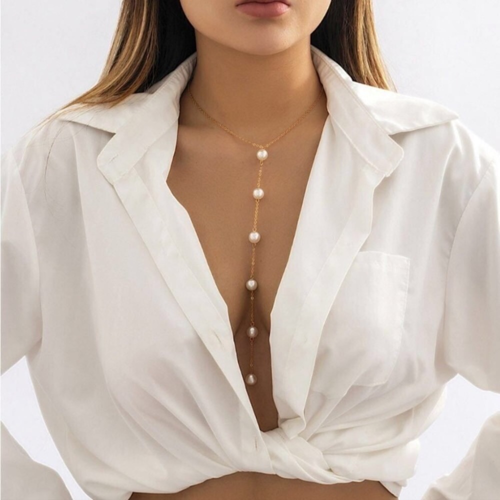 Pearl Y Shaped Necklace Long Pendant Dainty Pearl Drop Silvery or Golden Chain